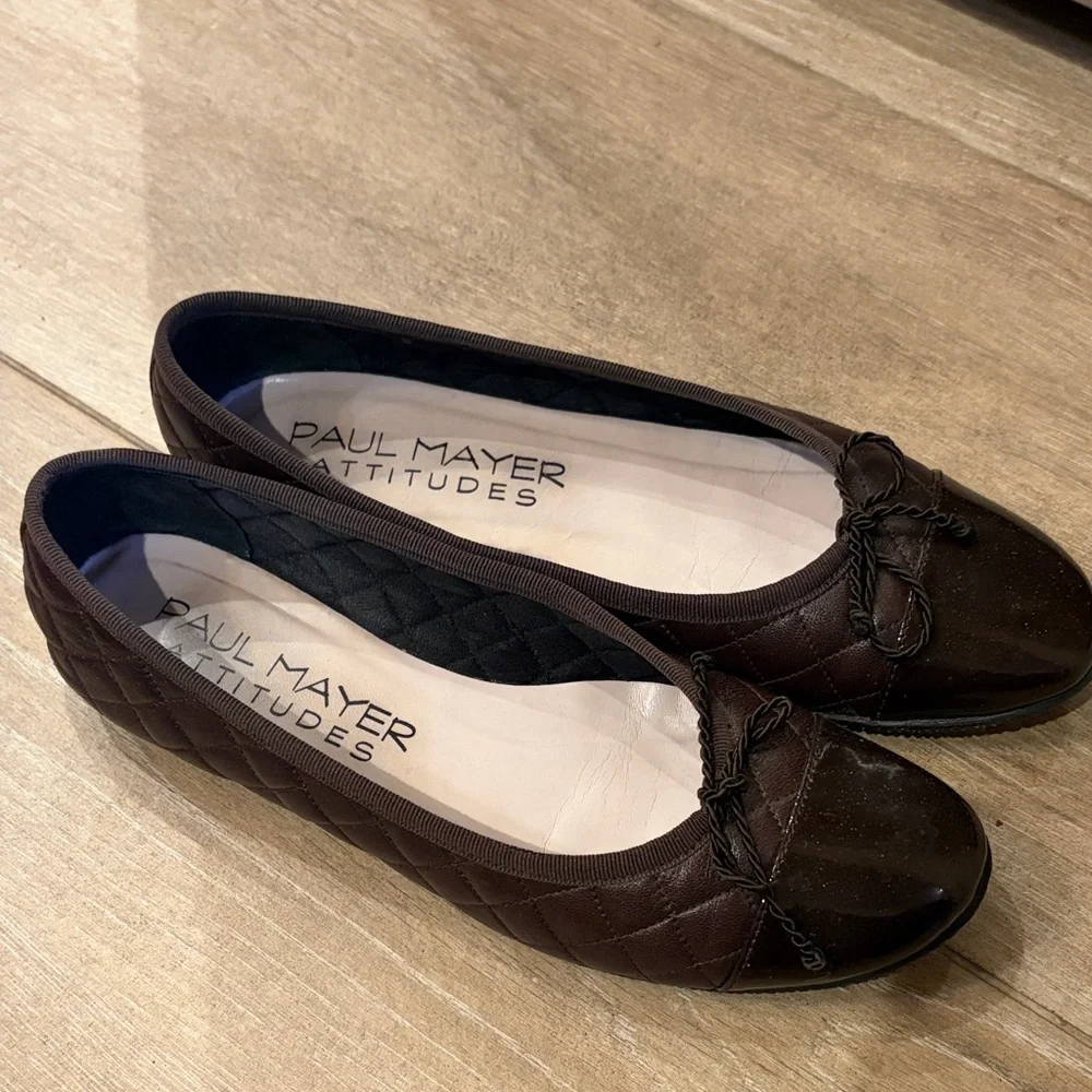 Paul Mayer Dark Brown Quilted Flats with Patent toe - Picture 1 of 3